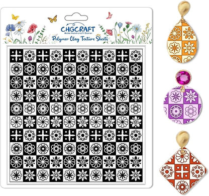 CHGCRAFT Lattice Pattern Polymer Clay Texture Sheets Geometric Flowers Silicone Texture Stamp Clay Texture Mat Modeling Pattern Pad Sheets for Jewelry and Earrings Tools, 5.5x5.5 inch