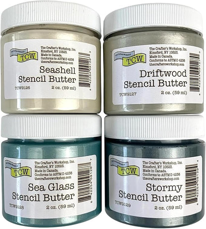 The Crafter's Workshop Stencil Butter - Beach House Acrylic Paint Set - Boutique Metallic Texture Paste for Art, Canvas, Journals, & Cards - 4 x 2oz Jars