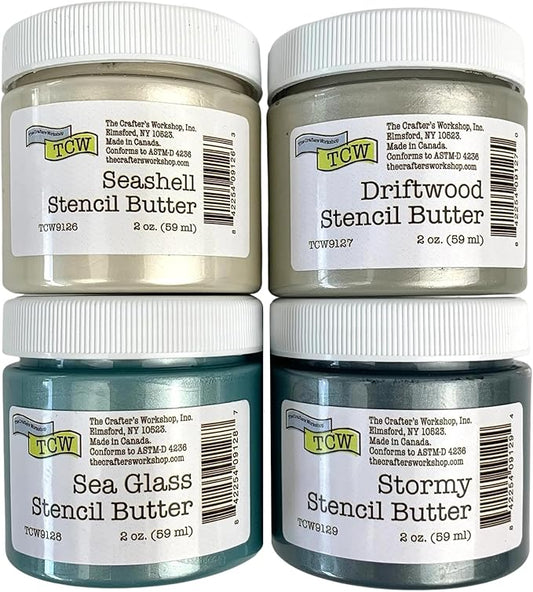 The Crafter's Workshop Stencil Butter - Beach House Acrylic Paint Set - Boutique Metallic Texture Paste for Art, Canvas, Journals, & Cards - 4 x 2oz Jars