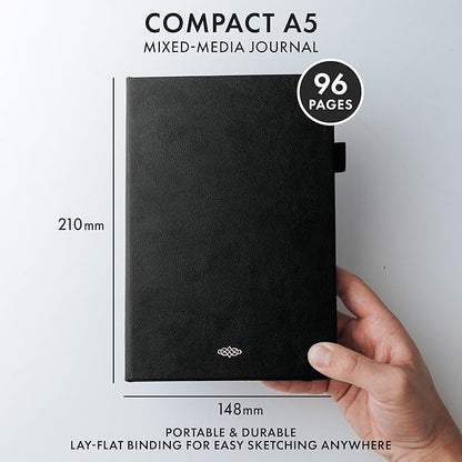 Wordsworth & Black A5 Mixed Media Journal 96 Mix Pages, Hardcover Leather, 190 GSM Paper, Journaling Notebook for Work & Sketching, Journals for Women, Men - Gifts Box Included Black