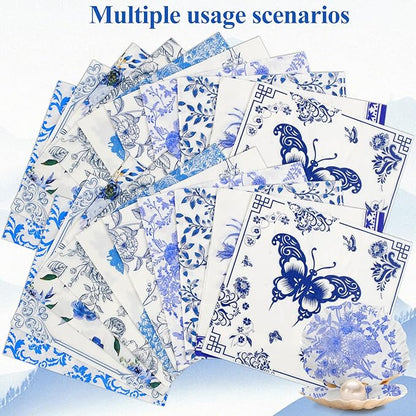 40 Pack 10 Styles Decoupage Paper Napkins, Assorted Blue and White Floral Decorative Decoupage Cocktail Napkins for Birthday Tea Party Wedding Dinner Kitchen Bathroom