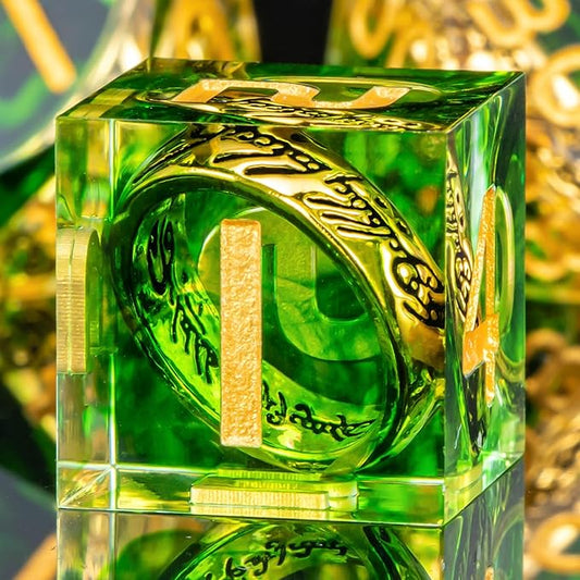 OUKELANWO Magic Lord Rings DND Dice Set with Box, 7Pcs Resin LOTR D&D Dice Set for Role Playing Game, Green Gold Dungeons Dragons D and D Sharp Edge Dice D20 D12 D10 D8 D6 D4