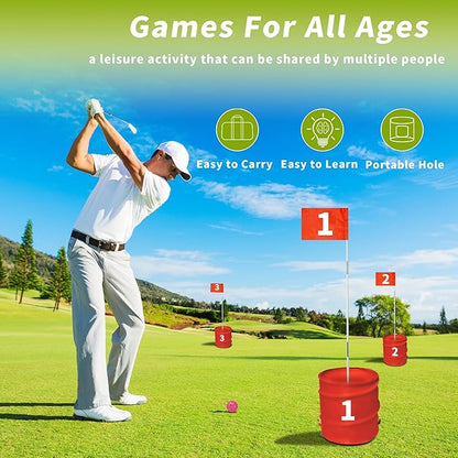 Golf Bucket Yard Game - 6 Hole Course With 2 Clubs, Balls and Flag for Adults and Family - Outdoor Lawn Chipping Games for Backyard, Beach, Park, Camping and Hotel