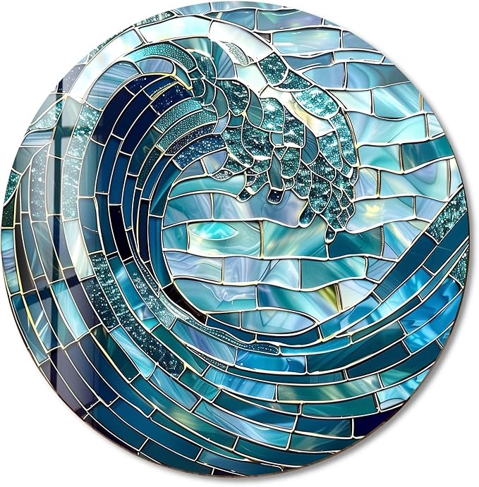 My Photostation.com 15.8''(40cm) Diameter Ocean Wave in Blue Mosaic Round Glass Wall Art Tempered Glass Printing Wall Decor Large Wall Art Wall Hangings
