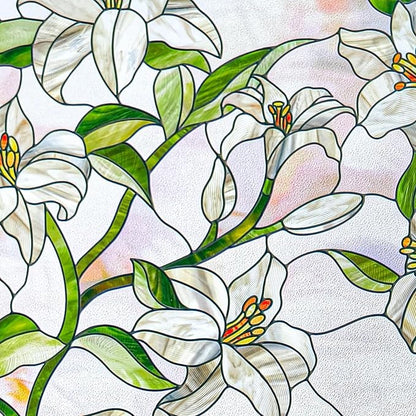 3D Stained Glass Window Film, Decorative Window Privacy Film for Bathroom, Front Door, Home, Sun Blocking Heat Control, Static Cling,White Lily 35.4inch x 78.7inch