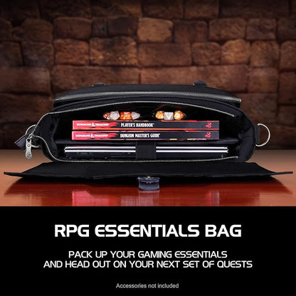 ENHANCE Collector's Edition RPG Player's Essentials DnD Bag - Dragon Hide Exterior Messenger Bag Fits 2-4 Books, Binders, Dice & Accessories, with 17 inch Laptop Slot, Battlemap Straps (Dragon Black)