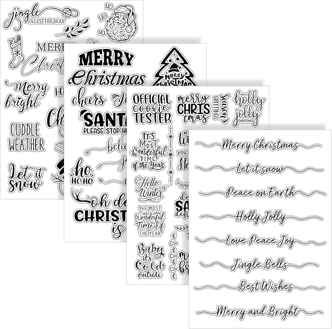 Whaline 4 Sheet Christmas Words Clear Stamps Greeting Words Santa Xmas Tree Pattern Silicone Transparent Stamps Border Stamp Cards for DIY Craft Card Making Scrapbooking Embossing Album Decor