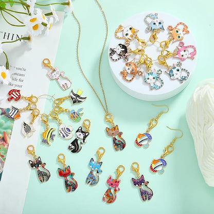 BEEFLYING 16Pcs Cat Stitch Marker Charms for Crocheting and Knitting, 8 Styles Alloy Enemal Crochet Knit Stitch Marker Pendant with Lobster Clasp for Sewing Quilting Handmade Jewelry