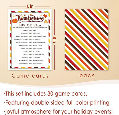 Thanksgiving Party Icebreaker Games Cards - Thanksgiving This or That Game Cards for 30 Guests, Turkey Dinner Party Activity for Teens Adults Party Favor and Supplies, 5 x 7 inches