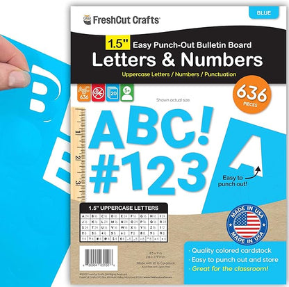 FreshCut Crafts 636 Pcs 1.5 in. Blue Bulletin Board Letters & Numbers, Capital Alphabet, Numbers, Punctuation, US Made Card Stock Punch Out Letters for Posters, Bulletin Boards, Classroom