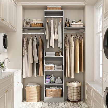 48" Small Closet Organizer, 4FT Small Closet System with 4 Closet Rods & 3 Shelves, 80"H Small Closet Organizers and Storage for Small Bedooms, Cloakrooms, Laundry Rooms, Gray
