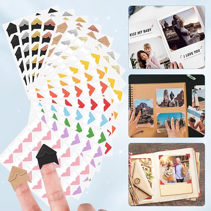 GOONAVI 15 Sheets 360 PCS Rose Gold Photo Corners Notebook, Self-Adhesive Corners for DIY Album Journal, Corner Stickers for Trip Memory Book