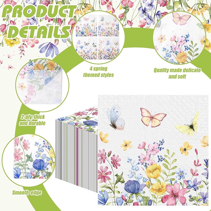Fulmoon 200 Pieces Summer Floral Cocktail Napkins Disposable Wildflower Dessert Paper Napkins Bulk Flower Decoupage Beverage Towel for Summer Tea Party Dinner Decorative