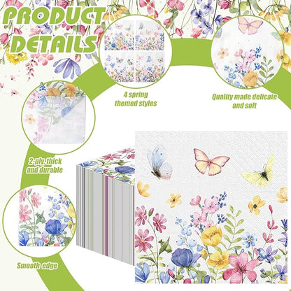 Fulmoon 200 Pieces Summer Floral Cocktail Napkins Disposable Wildflower Dessert Paper Napkins Bulk Flower Decoupage Beverage Towel for Summer Tea Party Dinner Decorative
