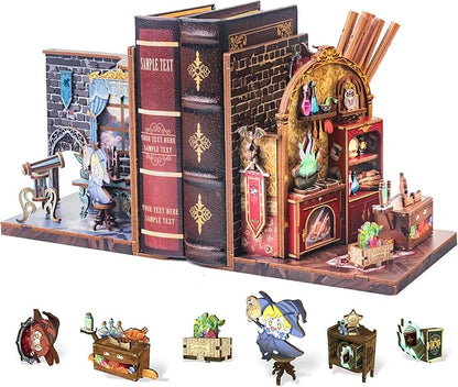 Cutefun 2Pcs Book Nook Kit, DIY 3D Wooden Puzzles for Adults and Teens, Bookends Decorative for Shelves Book Nook Kits for Adults, Bookshelf Decor Gifts for Friend (University of Miracle)
