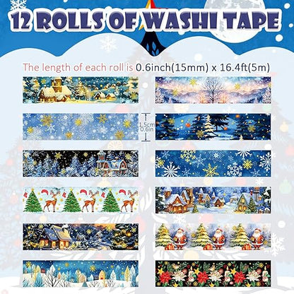 12 Rolls Christmas Washi Tapes, Christmas Tree Snowflakes Santa Claus Masking Tape, Gold Foil Winter Xmas Decorative Tape for Planner Scrapbook Journal DIY Arts Craft Gift Wrapping 16.4FT