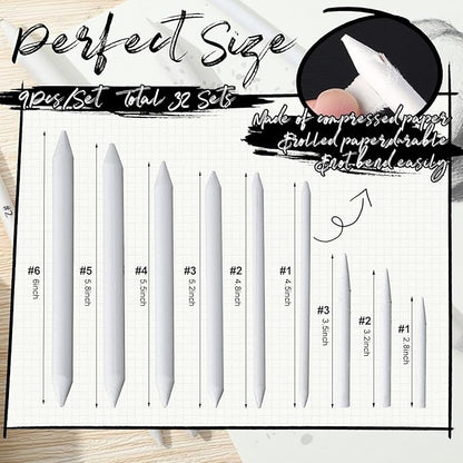 Fulmoon 288 Pcs Blending Stump and Tortillion Set Paper Art Blenders Blend Stumps for Drawing Shading Drawing Supplies Pencil Sketch Paint Tools for Student (Assorted,Mixed Sizes)
