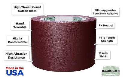 BookGuard 3 inch Premium Bookbinding Repair Cloth Tape, 15 Yard Roll, Burgundy