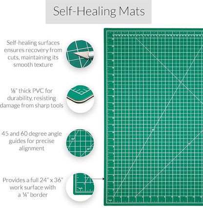 WA Portman Self Healing Cutting Mat & Rotary Cutter Set – 45mm Rotary Cutter for Fabric with 5 Extra Blades with 24x36 Fabric Cutting Mats for Crafts & 6x24 Acrylic Quilting Rulers – 3pc Sewing Kit