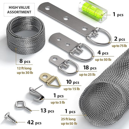 Picture Wire Hanging Kit 100+ Pieces - D-Ring, Screws, Hanging Hooks,Level. Supports up to 50 lbs 120+ Feet(38 M) Stainless Steel Wire Hanger | Comes with Solid Box