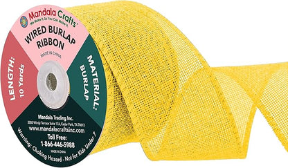 Mandala Crafts Yellow Burlap Wired Ribbon 2.5 Inches Wide Jute Ribbons for Crafts - 10 Yds Roll Rustic Burlap Wrap Trim Ribbons for Wreaths Bows Party Decoration