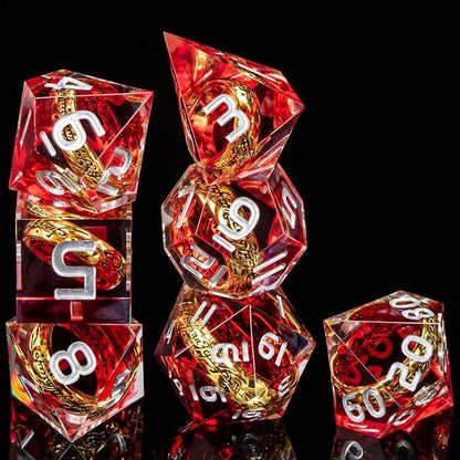 OUKELANWO Magic Lord Rings DND Dice Set with Box, 7Pcs Resin LOTR D&D Dice Set for Role Playing Game, Red Dungeons Dragons D and D Sharp Edge Dice D20 D12 D10 D8 D6 D4