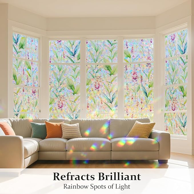 Donox Decorative Window Privacy Film, 3D Floral Stained Glass Window Film Static Cling Rainbow Privacy Sticker for Glass Door Heat Control Anti UV, No Adhesive (Gladiolus,17.5 x 78.7 inches)
