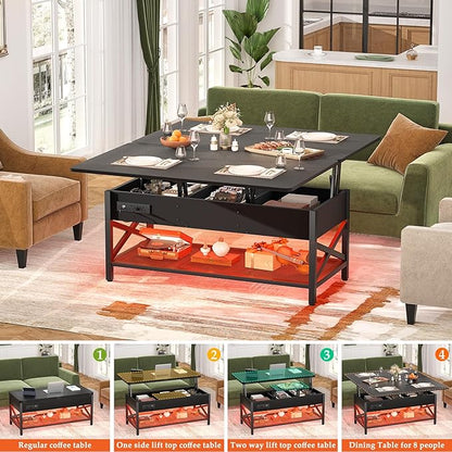 Aheaplus Coffee Table Lift Top Multi-Function Coffee Table Converts to Dining Table, with LED Light and Power Outlet, Center Table with Shelves for Living Room Reception Home Office, Black