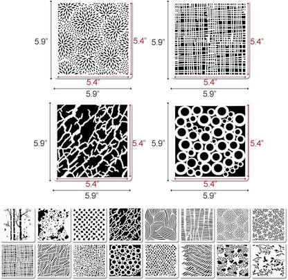 16 Pcs Layering Stencils for Painting - 6"x6" Mixed Texture Trees, Flowers, Leaves, Dots, Checkered, Buffalo Crackle, Splatter Stencils for Canvas, Mix Media Spray Paint