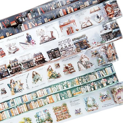 Reading Time PET Tape Set, 6 Rolls Mixed Pre-Cut and Continuous Tape with Clip, Waterproof Scrapbook Supplies for Journaling, DIY Crafts, and Planners