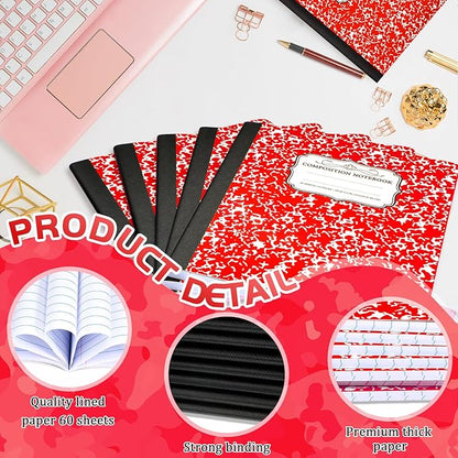 Seajan 20 Pack Composition Notebooks, Wide Ruled Paper, 7-1/2" x 9-3/4" Marble Hard Covers, 60 Sheets, Composition Notebooks Bulk for Students Back to School Adults Office Supplies(Red)