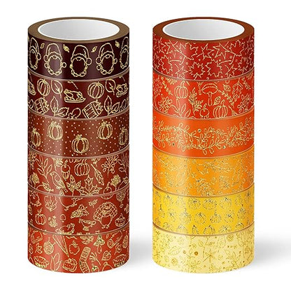 Whaline 12 Rolls Fall Washi Tapes Foil Gold Decorative Tape Autumn Gnome Pumpkin Fall Leaves Turkey Patterned Masking Tape for Fall Thanksgiving Scrapbook Journal DIY Craft Gift Wrapping, 0.6Inch