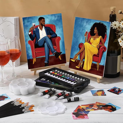 Cholemy 36 Pcs Paint and Sip Kit for Adults 8''x10'' Pre Drawn Canvas for Painting DIY Afro Acrylic Painting Kit Wood Easel Brushes Date Night Bulk for Christmas Party Gifts(Couple)
