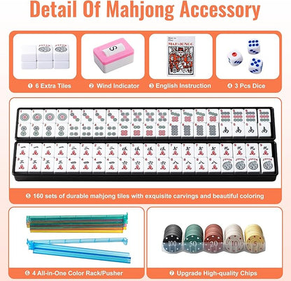 American Mahjong Tile Set,166 Premium White Tiles, 4 All-in-One Color Racks With Pushers, Mahjong Game Set With Large Capacity，Durable，Eco-Friendly Canvas Bag (Mah jongg Set，Mahjong Set Complete)