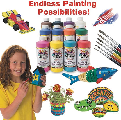 S&S Worldwide Color Splash! Liquid Tempera Bulk Paint, Set of 12 in 11 Bright Colors, 16-oz Easy-Pour Squeeze Bottles, For Arts & Crafts, School, Classroom, Poster Paint, For Kids & Adults, Non-Toxic.