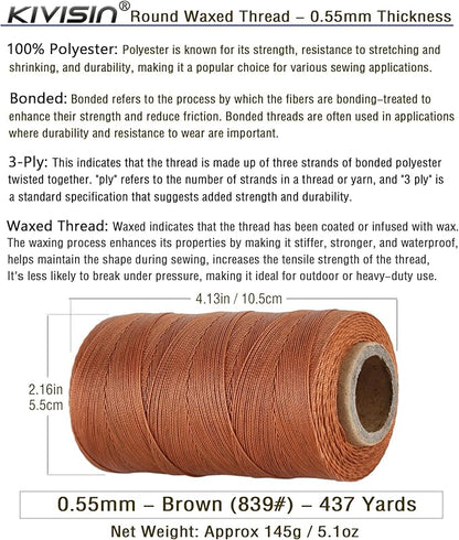 Sturdy Bonded Waxed Polyester Thread, 0.55mm, 437 Yards Wax String Cord - Brown for Leather, Hand Sewing, Stitching, Bookbinding, Beading, Bracelets and Macrame Jewelry Making
