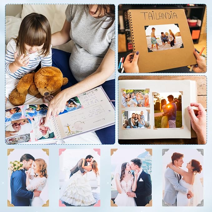 GOONAVI 10 Sheets 240 PCS Shiny Silver Acid-Free Photo Corners Notebook, Self-Adhesive Photo Corners for DIY Photo Album Journal, Photo Corner Stickers for Trip Journal Memory Book