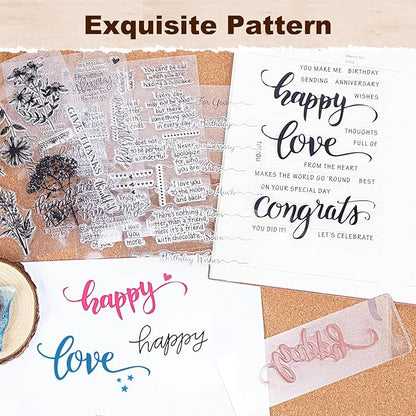 UCEC 4 Sheets Words Clear Stamps for Card Making Silicone Stamp with 2 PCS Acrylic Stamp Block for Easter Birthday Holiday Card and DIY Scrapbooking Journal(Classic)