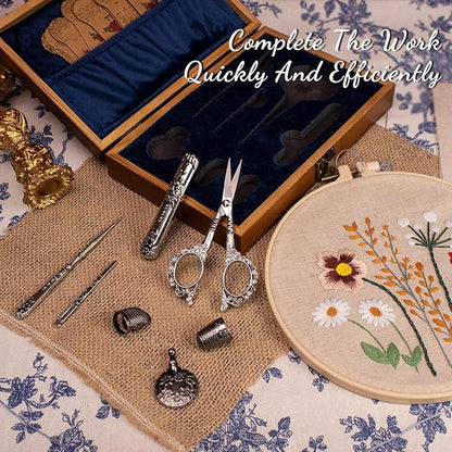 Vintage Embroidery Scissors Kit, Victorian Needlework Gift Set with Antique Shear, Thread Cutter, Thimbles, Needles, Awl, Bodkin, Winding Board for Sewing, Knitting, Cross Stitch, Quilting