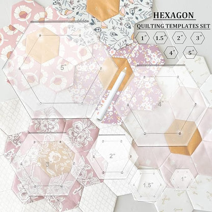 7 Pieces Hexagon Quilting Template with Tailors Chalk Pencil,Acrylic Quilting Rulers Templates with 1/4 Seam Allowance for DIY Sewing Crafts Including 1 Inch,1.5 Inch,2 Inch,3 Inch,4 Inch,5 Inch