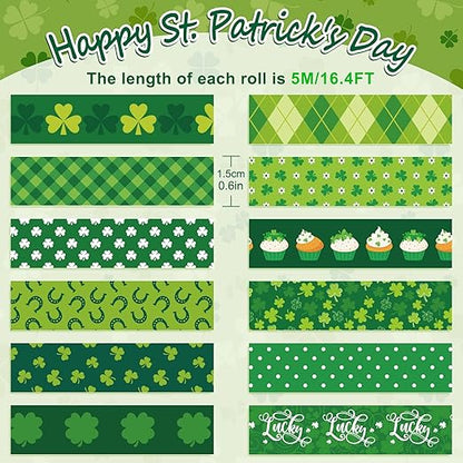 Whaline 12 Rolls St. Patrick's Day Washi Tape Green Shamrock Washi Masking Tape 15mm Clover Plaids Lucky Holiday Paper Tape Sticker for Irish Party Scrapbook Gift Packing DIY Craft Decor, 16.4Ft