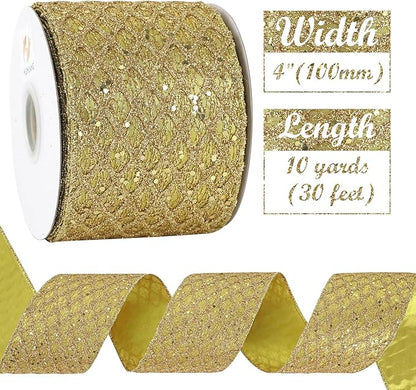 HUIHUANG Gold Glitter Wired Ribbon, 4 inch x 10 Yards, Polyester, Christmas, Gold, Geometric Pattern, Perfect for Tree Decorations, Wreaths, Gift Wrapping