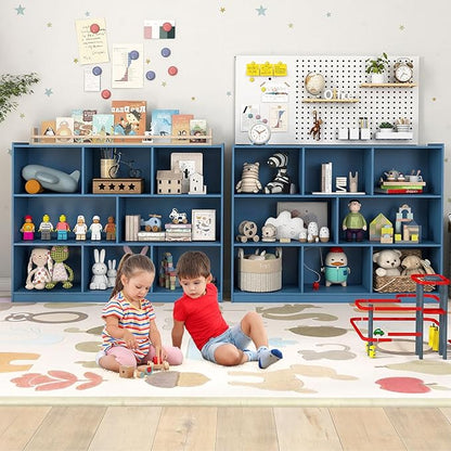 KOTEK Toy Storage Organizer, 5 Cubby Kids Bookshelf, Wooden 3-Tier Bookcase Storage Cabinet, Open Display Book Shelf for Daycare, Nursery, School Classroom, Living Room (Blue, 8 Cubes)