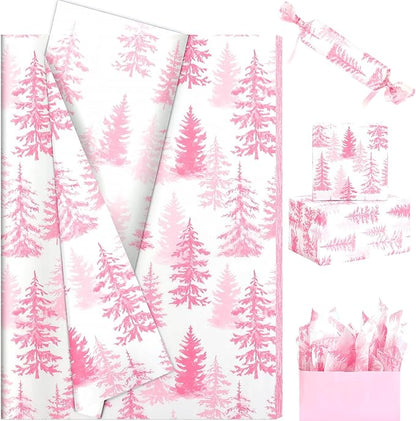 100 Sheets Christmas Tree Tissue Paper, 20x14in Forest Style Wrapping Tissue Watercolor Xmas Tree Art Tissue for Xmas Party Gift Bag Fillers Winter Party Decor (Pink)