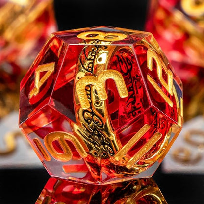 OUKELANWO Magic Lord Rings DND Dice Set with Box, 7Pcs Resin LOTR D&D Dice Set for Role Playing Game, Red Gold Dungeons Dragons D and D Sharp Edge Dice D20 D12 D10 D8 D6 D4