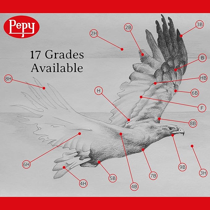 Pepy Graphite Professional Drawing Pencils - Set of 12 2B Pre-Sharpened Black Lead Pencils; Perfect for Drawing, Sketching and Shading, Graphic and Fine Art