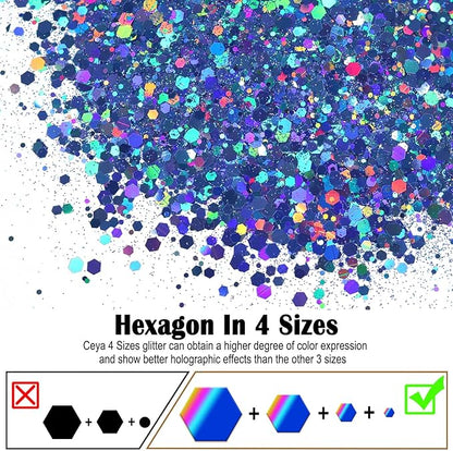 Ceya Holographic Chunky Glitter, 4.9oz/ 140g Blue Craft Glitter Powder Mixed Chunky & Fine Flakes Iridescent Nail Sequins for Nail Art, Hair, Epoxy Resin, Tumblers, Slime, Painting, Festival Decor