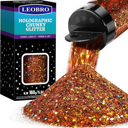 LEOBRO Brown Glitter, 160G/5.64OZ Holographic Chunky Glitter for Crafts, Resin, Body Nail Face Hair, DIY Decorations