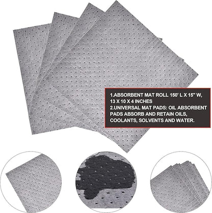 PONO Premium Polypropylene 150' L x 15" W Absorbent Mat Roll Gray Heavy Weight Oil Absorbing Mats Universal Oil for Absorbing Oils, Water, Solvents, Coolants and More