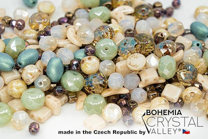 2.1oz (60 g) Mix of Unique Czech Bohemia Glass Pressed Beads, Matte and Glossy, Hand Made, Beige Blue Luster